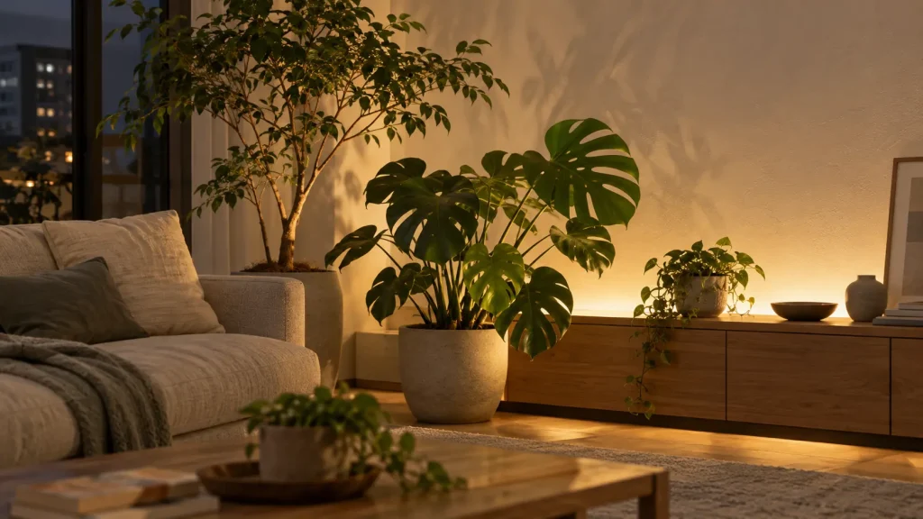 間接照明で観葉植物のある部屋を心地よく｜LEDライトの選び方・配置・まぶしさ対策