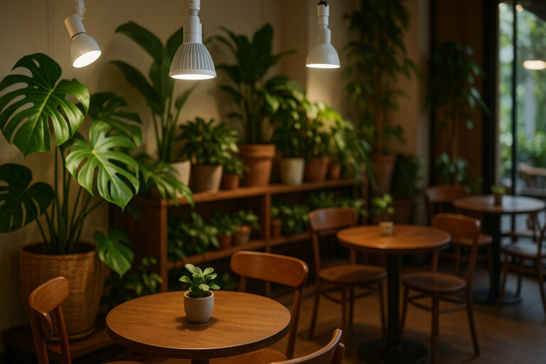 カフェ空間で楽しむ園芸 ― 植物育成用白色LEDライトで広がる新しいライフスタイル