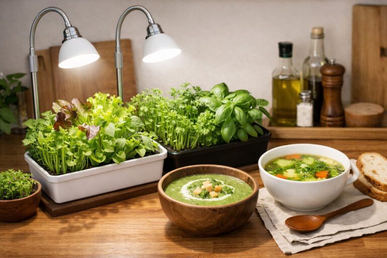 キッチンミニガーデンで育てる旬の味。E26電球スタンドと白色LEDで始める野菜作りとスープ料理