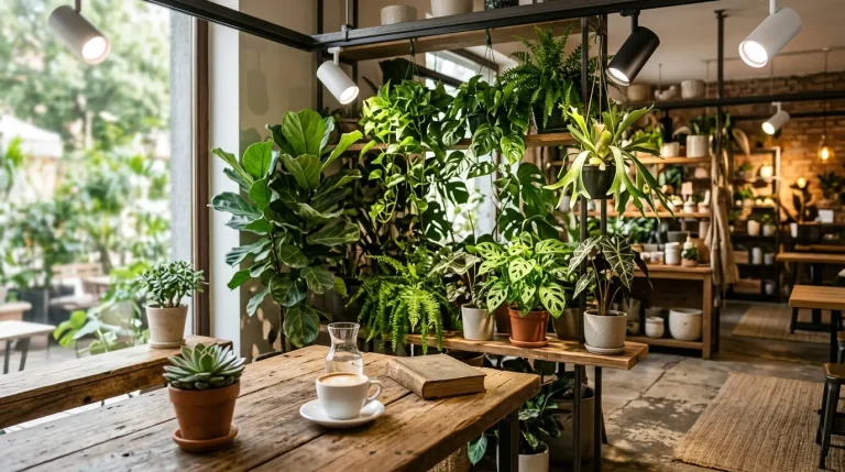 園芸店併設Caféで叶える癒しの快適空間！観葉植物と植物育成用白色LED スポットライトの魔法