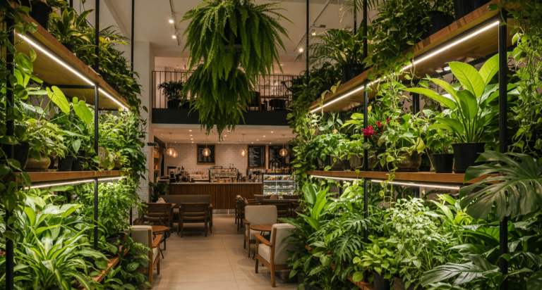 植物育成用白色LEDスポットライトと観葉植物が彩る！園芸店併設Caféの極上癒し＆快適空間
