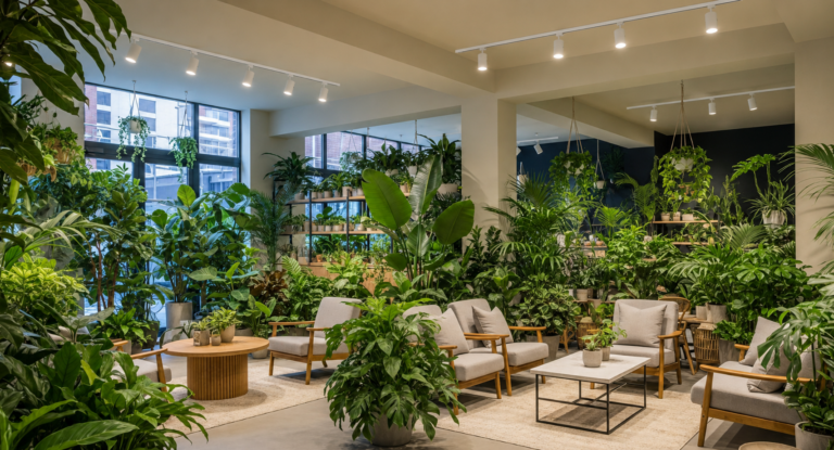 園芸店併設Caféに学ぶ！観葉植物と植物育成用白色LEDスポットライトで作る癒しの快適空間