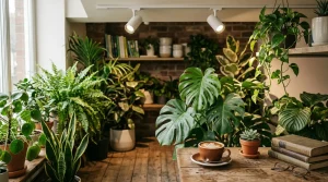 観葉植物と植物育成用白色LEDスポットライトが創る！園芸店併設Caféの快適空間で究極の癒し体験