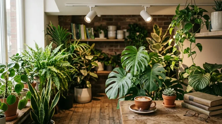 観葉植物と植物育成用白色LEDスポットライトが創る！園芸店併設Caféの快適空間で究極の癒し体験